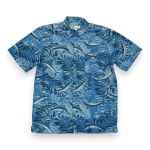 OLIVER & BURKE Mens Button Up Hawaiian‎ Short Sleeve Shirt Large ~ Blue